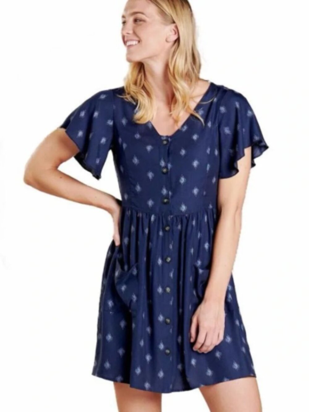 Toad&Co Hillrose Blue Diamond Print Button Down Tencel Pocket Dress Medium